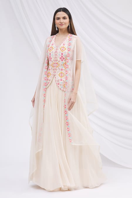 Aneesh Agarwaal Embroidered Cape Lehenga Set 