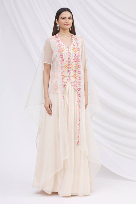 Aneesh Agarwaal Beige Organza, Georgette Top V Neck Embroidered Cape Lehenga Set Online at Aza Fashions Aneesh Agarwaal_Beige Organza, Georgette Top V Neck Embroidered Cape Lehenga Set _Online_at_Aza_Fashions