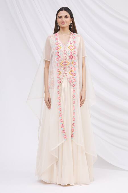 Buy Aneesh Agarwaal Beige Organza, Georgette Top V Neck Embroidered Cape Lehenga Set Online at Aza Fashions Buy_Aneesh Agarwaal_Beige Organza, Georgette Top V Neck Embroidered Cape Lehenga Set _Online_at_Aza_Fashions