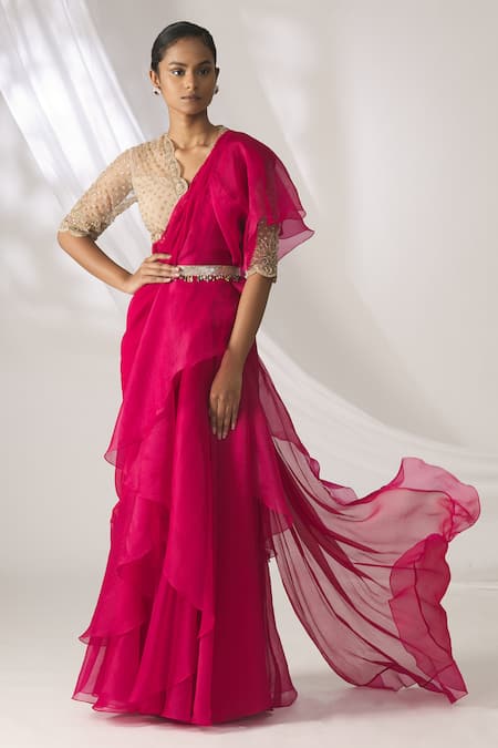 Ridhi Mehra Pink Chiffon Pre-draped Ruffle Saree With Blouse