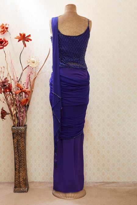 Shop Arpan Vohra Blue Round Embellished Pre-draped Saree With Blouse at Aza Fashions Shop_Arpan Vohra_Blue Round Embellished Pre-draped Saree With Blouse _at_Aza_Fashions