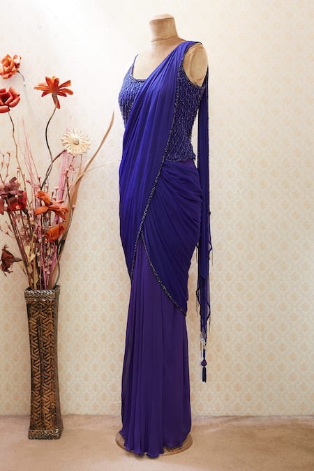 Arpan Vohra Blue Round Embellished Pre-draped Saree With Blouse Online at Aza Fashions Arpan Vohra_Blue Round Embellished Pre-draped Saree With Blouse _Online_at_Aza_Fashions