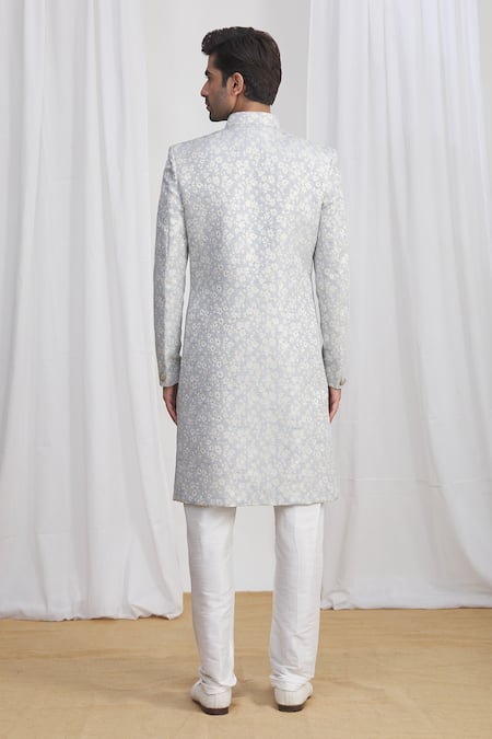 Arihant Rai Sinha Gray Jacquard, Silk, Denim Embroidery Brocade Sherwani And Pant Set Online at Aza Fashions Arihant Rai Sinha_Gray Jacquard, Silk, Denim Embroidery Brocade Sherwani And Pant Set _Online_at_Aza_Fashions