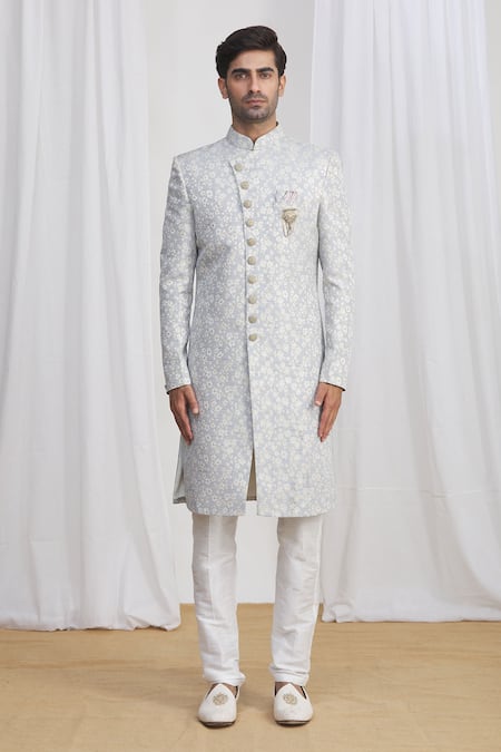 Shop Arihant Rai Sinha Gray Jacquard, Silk, Denim Embroidery Brocade Sherwani And Pant Set Online at Aza Fashions Shop_Arihant Rai Sinha_Gray Jacquard, Silk, Denim Embroidery Brocade Sherwani And Pant Set _Online_at_Aza_Fashions