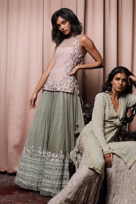 Shop Nandita Thirani Green Net, Georgette Round Embroidered Kurta And Lehenga Set at Aza Fashions Shop_Nandita Thirani_Green Net, Georgette Round Embroidered Kurta And Lehenga Set _at_Aza_Fashions