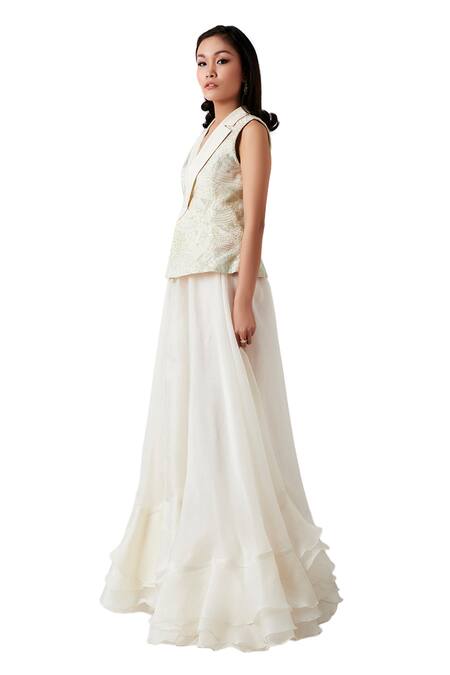 Amaare_White Taffeta Embroidery Notched Lapel Embellished Jacket Lehenga Set _Online_at_Aza_Fashions