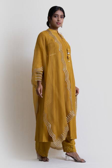 Buy Brij Yellow Chanderi Silk, Organza, Spandex Pearls, Cut Work, Kantha Kurta Pant Set Online at Aza Fashions Buy_Brij_Yellow Chanderi Silk, Organza, Spandex Pearls, Cut Work, Kantha Kurta Pant Set_Online_at_Aza_Fashions