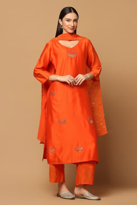 Buy Two Sisters By Gyans Orange Cotton, Chanderi Mirrors V-neck Straight Kurta Set Online at Aza Fashions Buy_Two Sisters By Gyans_Orange Cotton, Chanderi Mirrors V-neck Straight Kurta Set _Online_at_Aza_Fashions