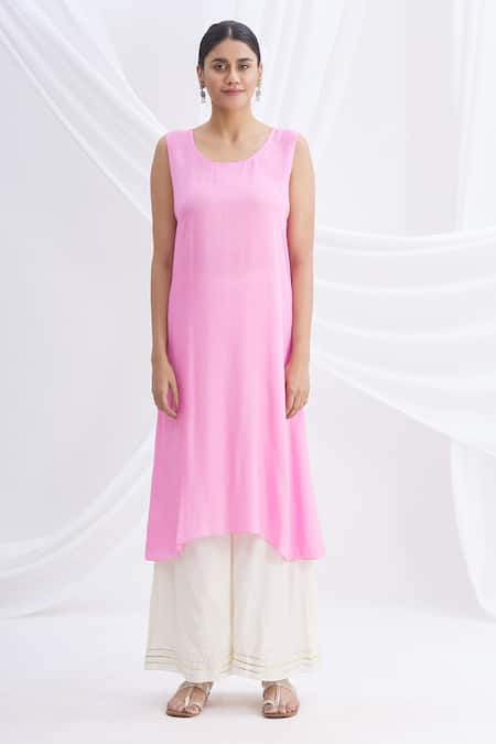 Buy_Nachiket Barve_Pink Chanderi Silk Mandarin Collar Asymmetric Kurta_Online_at_Aza_Fashions