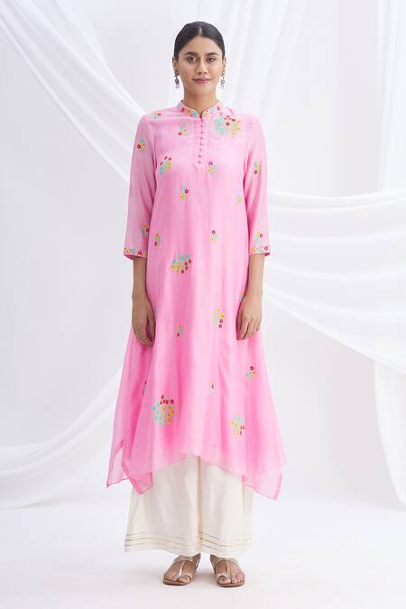 Nachiket Barve_Pink Chanderi Silk Mandarin Collar Asymmetric Kurta_Online_at_Aza_Fashions