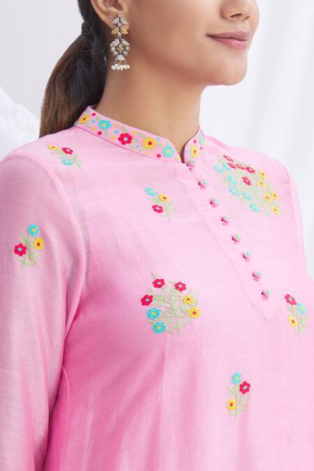 Shop_Nachiket Barve_Pink Chanderi Silk Mandarin Collar Asymmetric Kurta_Online_at_Aza_Fashions