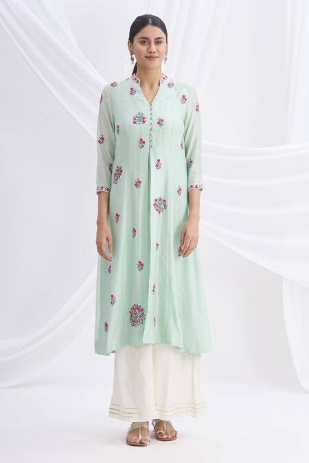 Shop_Nachiket Barve_Blue Chanderi Silk Mandarin Collar Kurta_Online_at_Aza_Fashions