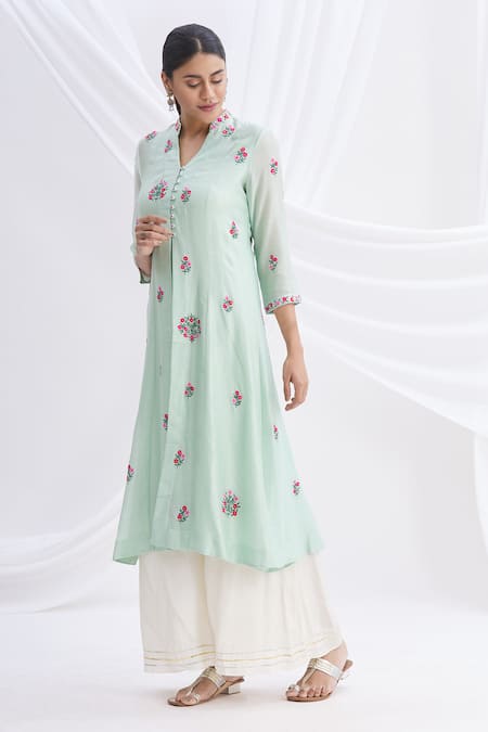 Buy_Nachiket Barve_Blue Chanderi Silk Mandarin Collar Kurta_Online_at_Aza_Fashions