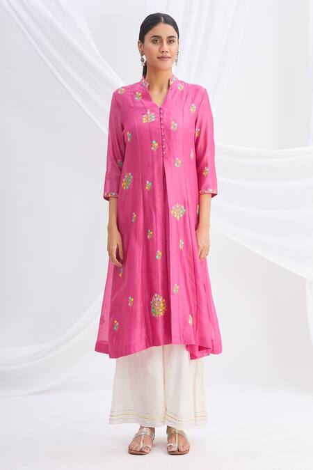 Shop_Nachiket Barve_Pink Chanderi Silk Mandarin Collar Kurta_Online_at_Aza_Fashions