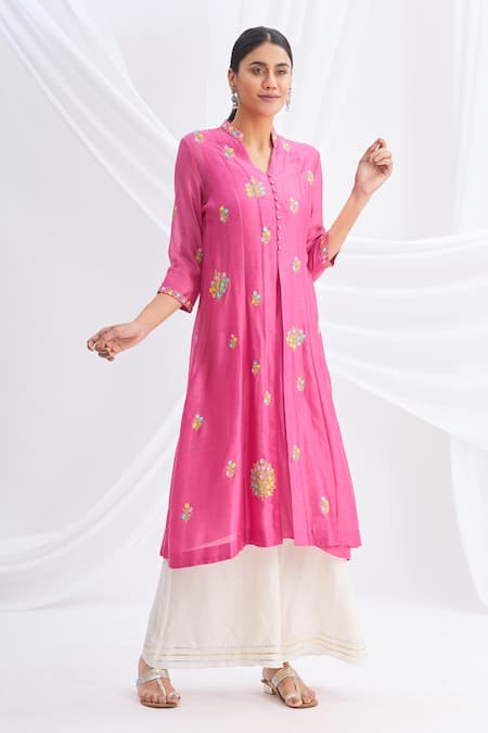 Buy_Nachiket Barve_Pink Chanderi Silk Mandarin Collar Kurta_Online_at_Aza_Fashions
