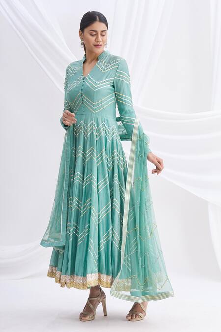 Buy Nachiket Barve Green Silk Chanderi Embroidered Anarkali Set Online at Aza Fashions Buy_Nachiket Barve_Green Silk Chanderi Embroidered Anarkali Set _Online_at_Aza_Fashions