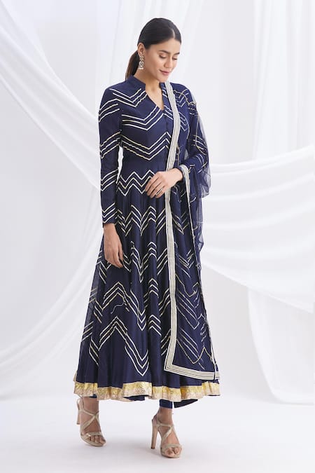 Nachiket Barve Blue Silk Chanderi Embroidered Anarkali Set 
