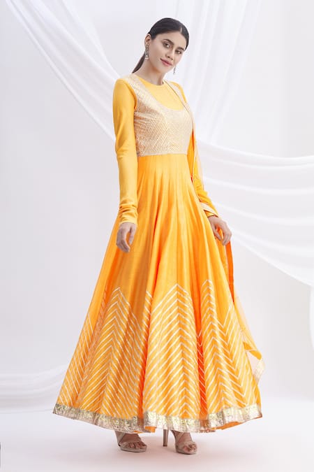 Nachiket Barve Yellow Silk Chanderi Embroidered Anarkali Set  