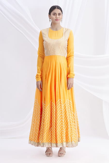 Nachiket Barve_Yellow Silk Chanderi Embroidered Anarkali Set  _Online_at_Aza_Fashions
