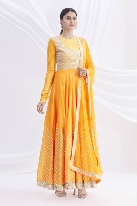 Buy_Nachiket Barve_Yellow Silk Chanderi Embroidered Anarkali Set  _Online_at_Aza_Fashions