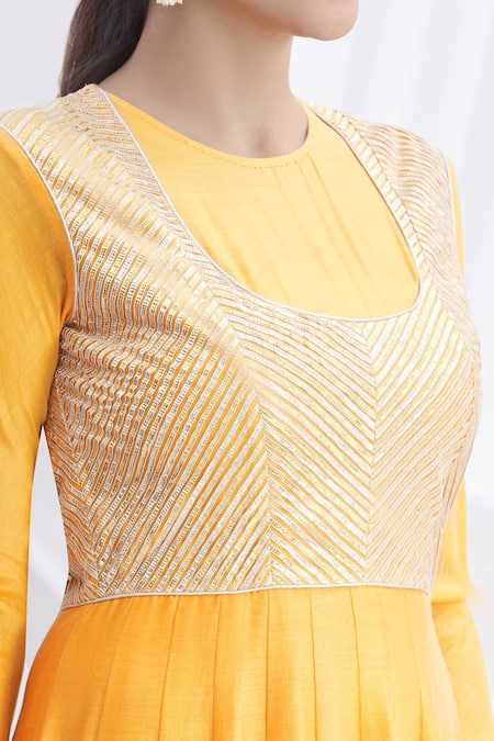 Nachiket Barve_Yellow Silk Chanderi Embroidered Anarkali Set  _at_Aza_Fashions