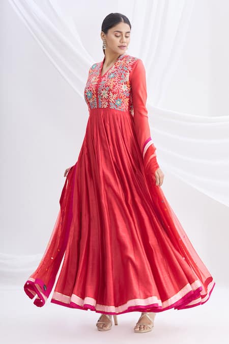 Nachiket Barve Red Silk Chanderi Embroidered Anarkali Set  