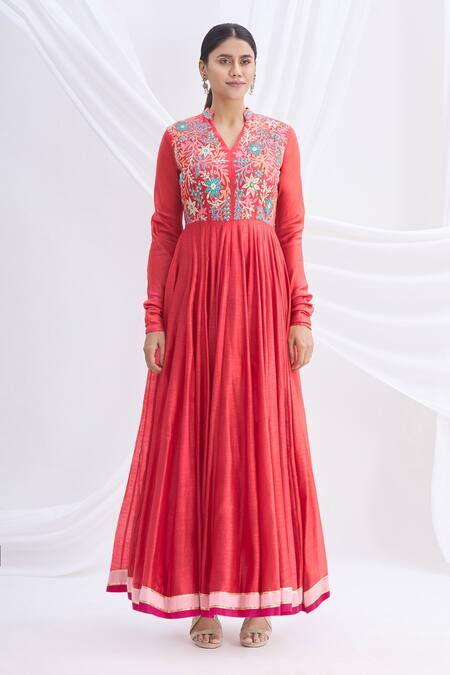 Nachiket Barve Red Silk Chanderi Embroidered Anarkali Set Online at Aza Fashions Nachiket Barve_Red Silk Chanderi Embroidered Anarkali Set _Online_at_Aza_Fashions