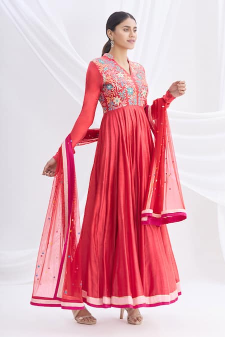 Buy Nachiket Barve Red Silk Chanderi Embroidered Anarkali Set Online at Aza Fashions Buy_Nachiket Barve_Red Silk Chanderi Embroidered Anarkali Set _Online_at_Aza_Fashions