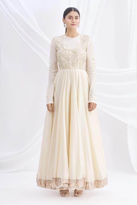 Nachiket Barve_White Silk Chanderi Embroidered Anarkali Set  _Online_at_Aza_Fashions