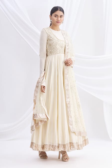 Buy_Nachiket Barve_White Silk Chanderi Embroidered Anarkali Set  _Online_at_Aza_Fashions