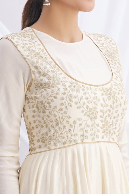 Nachiket Barve_White Silk Chanderi Embroidered Anarkali Set  _at_Aza_Fashions