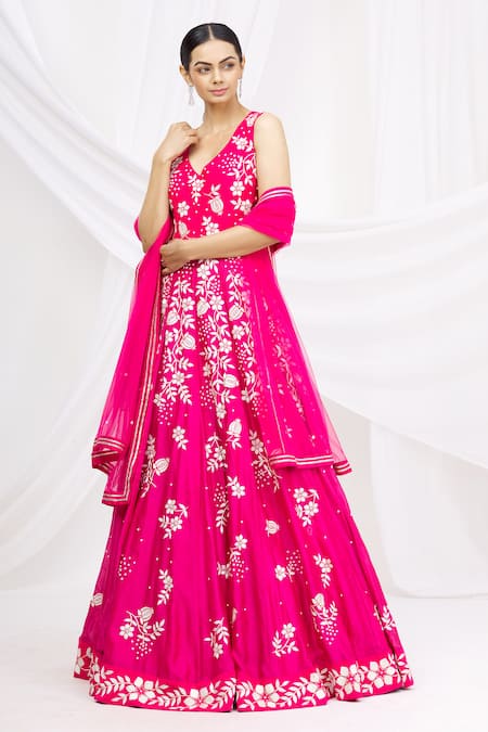 Buy_Nachiket Barve_Pink Chanderi Silk V Neck Anarkali With Dupatta_Online_at_Aza_Fashions