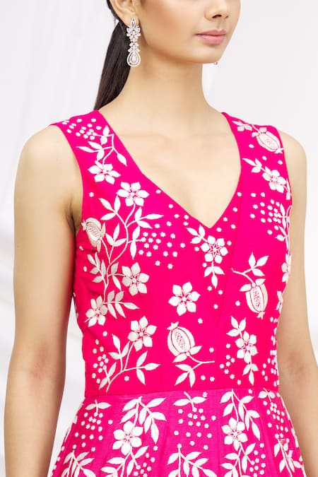 Shop_Nachiket Barve_Pink Chanderi Silk V Neck Anarkali With Dupatta_Online_at_Aza_Fashions