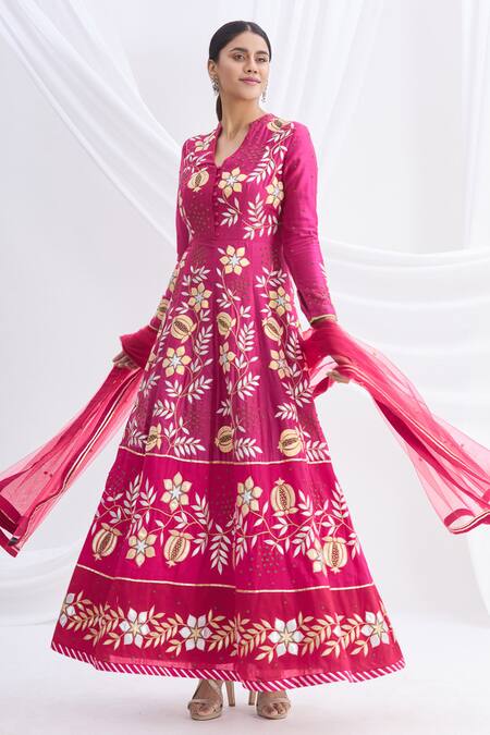 Buy_Nachiket Barve_Pink Chanderi Silk Mandarin Collar Anarkali Set_Online_at_Aza_Fashions