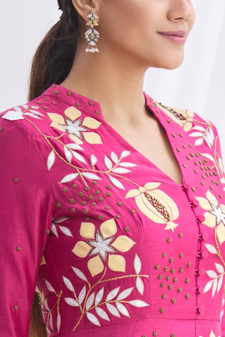 Nachiket Barve_Pink Chanderi Silk Mandarin Collar Anarkali Set_at_Aza_Fashions