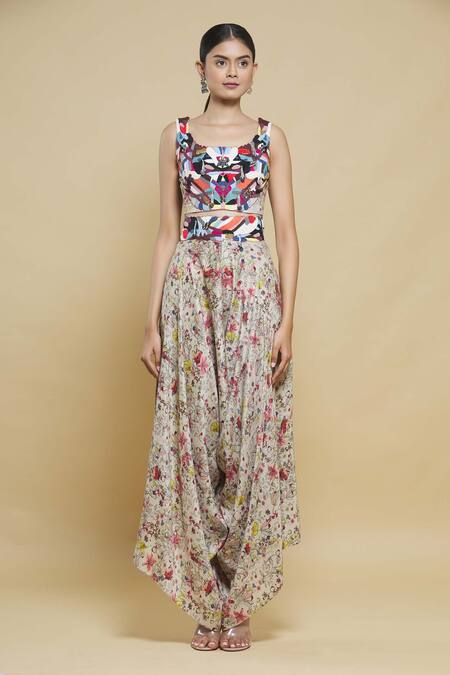 Buy_Anamika Khanna_Multi Color Printed Cape And Draped Pant Set_Online_at_Aza_Fashions