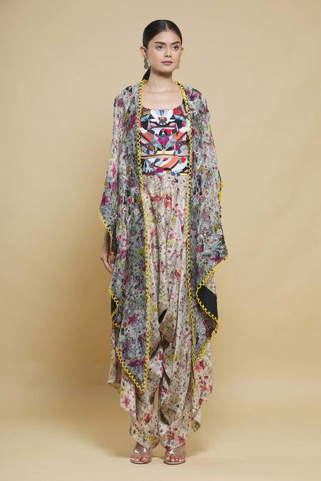 Anamika Khanna_Multi Color Printed Cape And Draped Pant Set_Online_at_Aza_Fashions