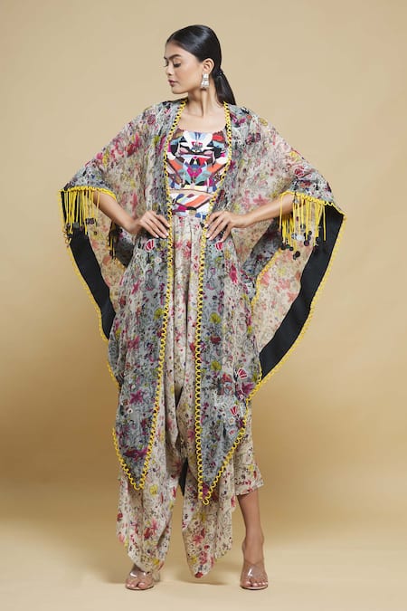 Anamika Khanna Multi Color Printed Cape And Draped Pant Set