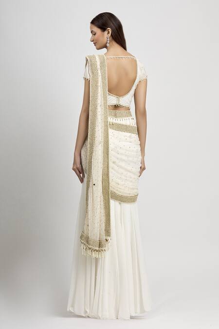 Shop_Arpan Vohra_White Geargette V Neck Embroidered Lehenga Saree With Blouse _at_Aza_Fashions