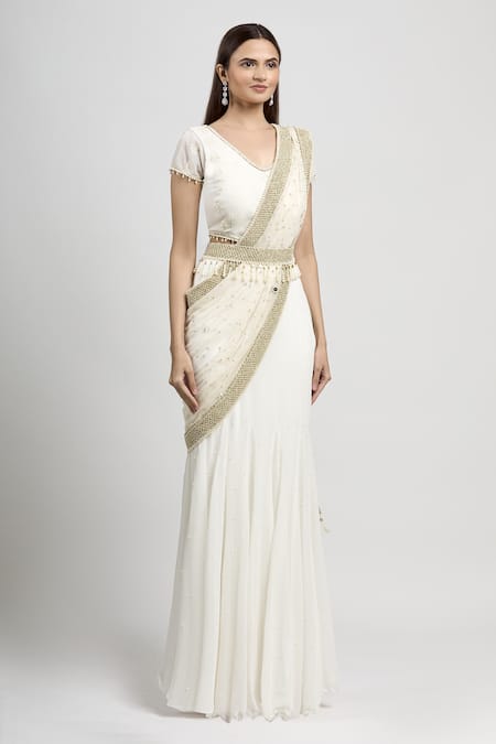 Arpan Vohra_White Geargette V Neck Embroidered Lehenga Saree With Blouse _Online_at_Aza_Fashions