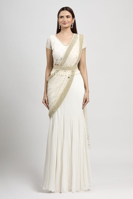 Buy_Arpan Vohra_White Geargette V Neck Embroidered Lehenga Saree With Blouse _Online_at_Aza_Fashions