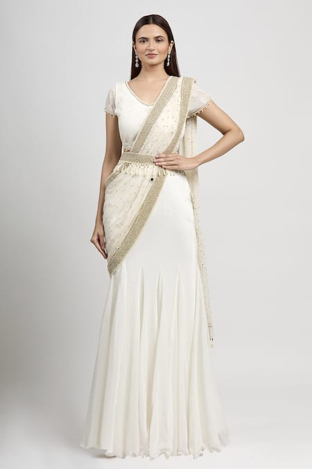Shop_Arpan Vohra_White Geargette V Neck Embroidered Lehenga Saree With Blouse _Online_at_Aza_Fashions