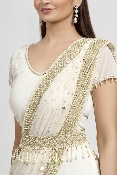 Arpan Vohra_White Geargette V Neck Embroidered Lehenga Saree With Blouse _at_Aza_Fashions