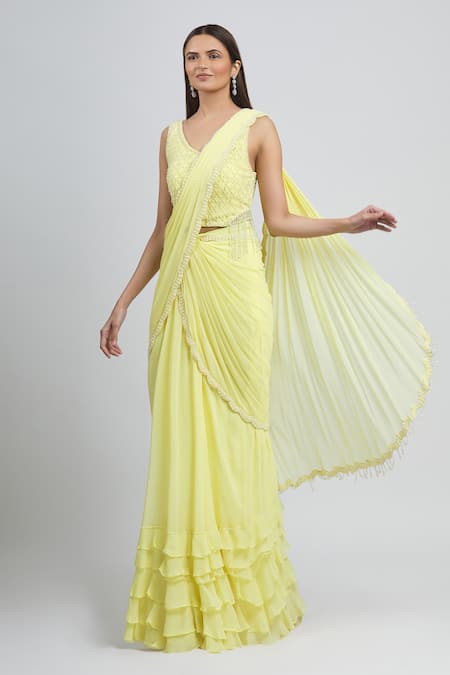 ARPAN VOHRA Yellow Geargette V Neck Pre-draped Saree 