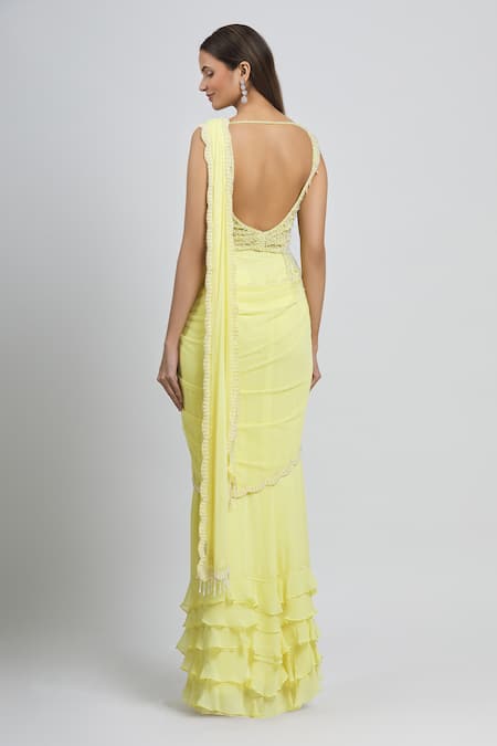 Shop Arpan Vohra Yellow Geargette V Neck Pre-draped Saree at Aza Fashions Shop_Arpan Vohra_Yellow Geargette V Neck Pre-draped Saree _at_Aza_Fashions