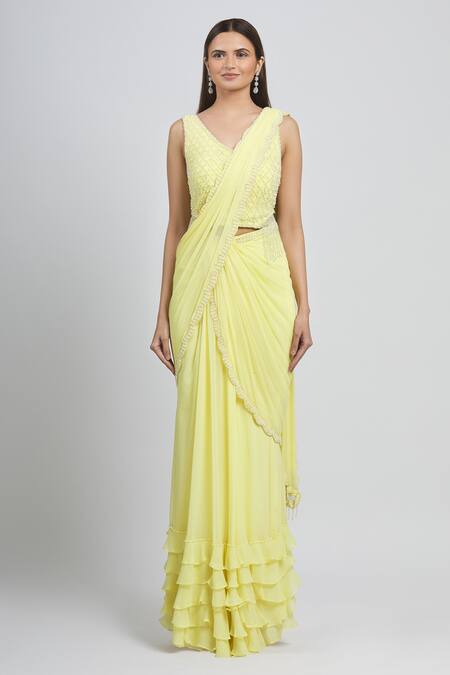 Arpan Vohra Yellow Geargette V Neck Pre-draped Saree Online at Aza Fashions Arpan Vohra_Yellow Geargette V Neck Pre-draped Saree _Online_at_Aza_Fashions