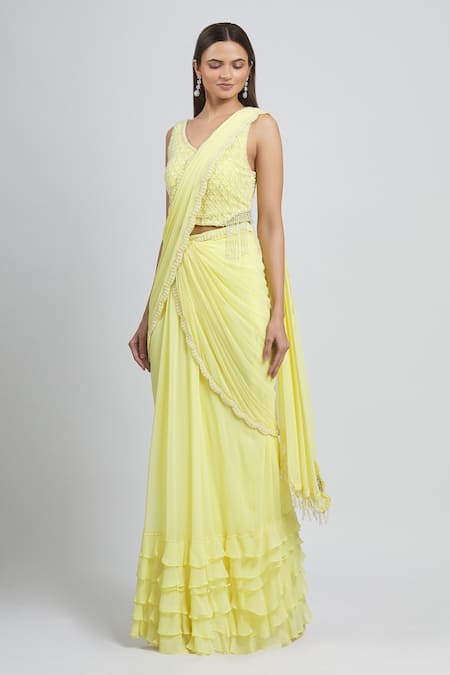 Buy Arpan Vohra Yellow Geargette V Neck Pre-draped Saree Online at Aza Fashions Buy_Arpan Vohra_Yellow Geargette V Neck Pre-draped Saree _Online_at_Aza_Fashions