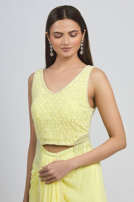 Shop Arpan Vohra Yellow Geargette V Neck Pre-draped Saree Online at Aza Fashions Shop_Arpan Vohra_Yellow Geargette V Neck Pre-draped Saree _Online_at_Aza_Fashions