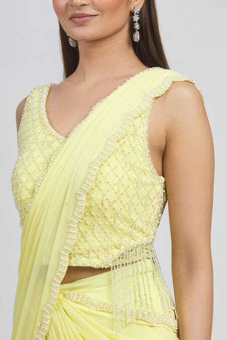 Arpan Vohra Yellow Geargette V Neck Pre-draped Saree at Aza Fashions Arpan Vohra_Yellow Geargette V Neck Pre-draped Saree _at_Aza_Fashions