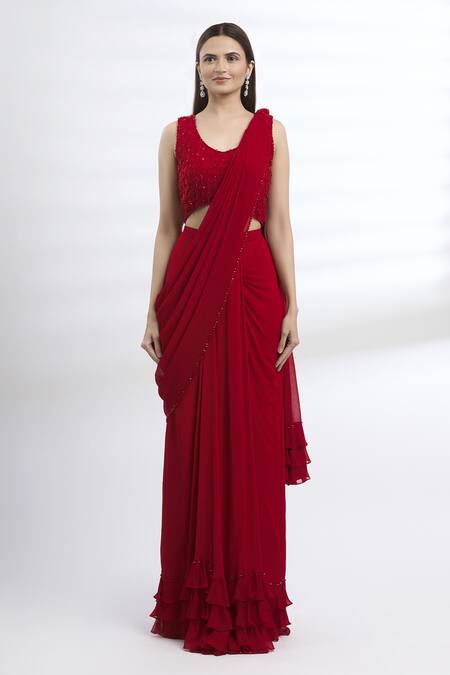 Arpan Vohra Maroon Geargette Scoop Neck Pre-draped Saree Online at Aza Fashions Arpan Vohra_Maroon Geargette Scoop Neck Pre-draped Saree _Online_at_Aza_Fashions